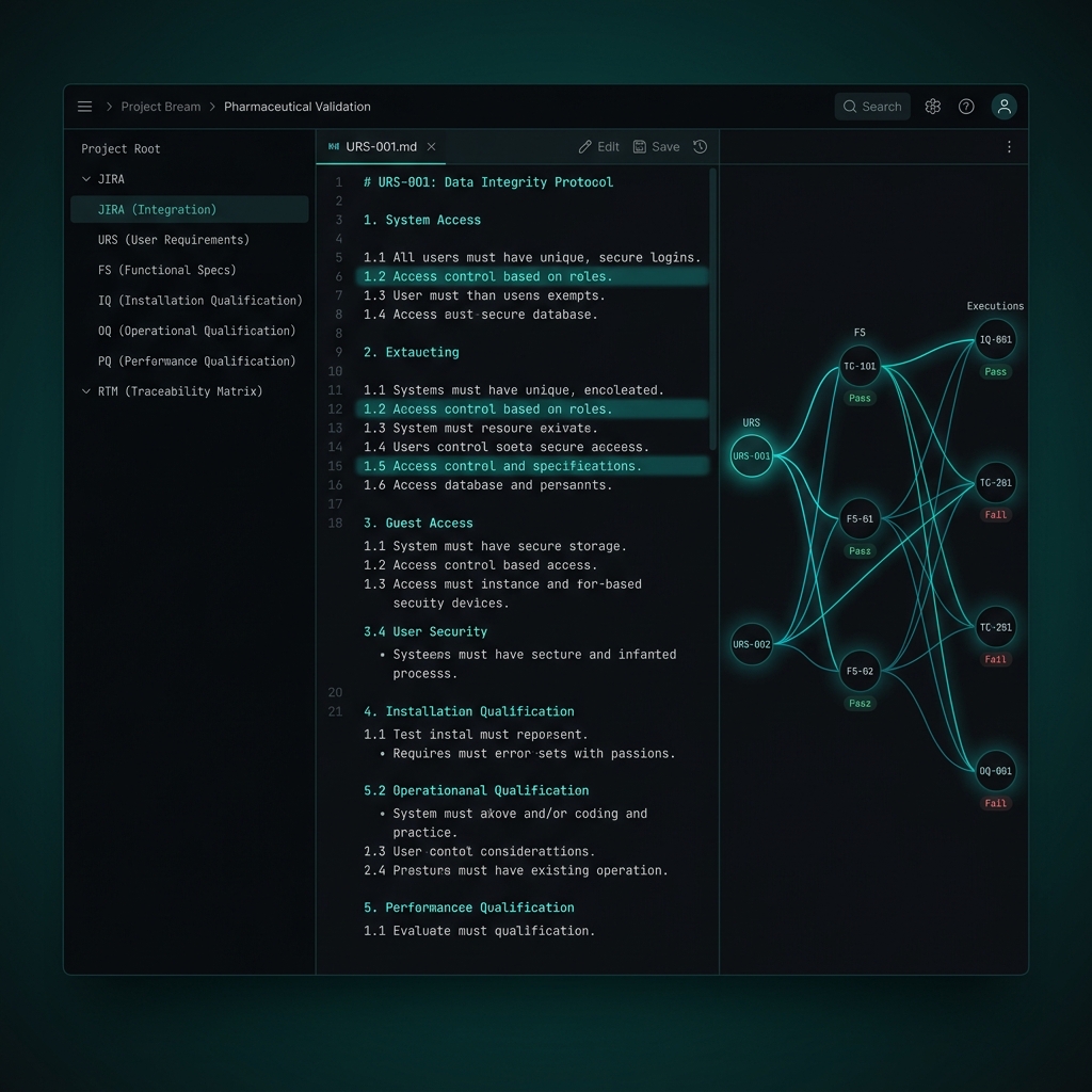 ComplioLabs IDE — 3-pane validation workspace showing JIRA integration, URS editor, and live traceability matrix